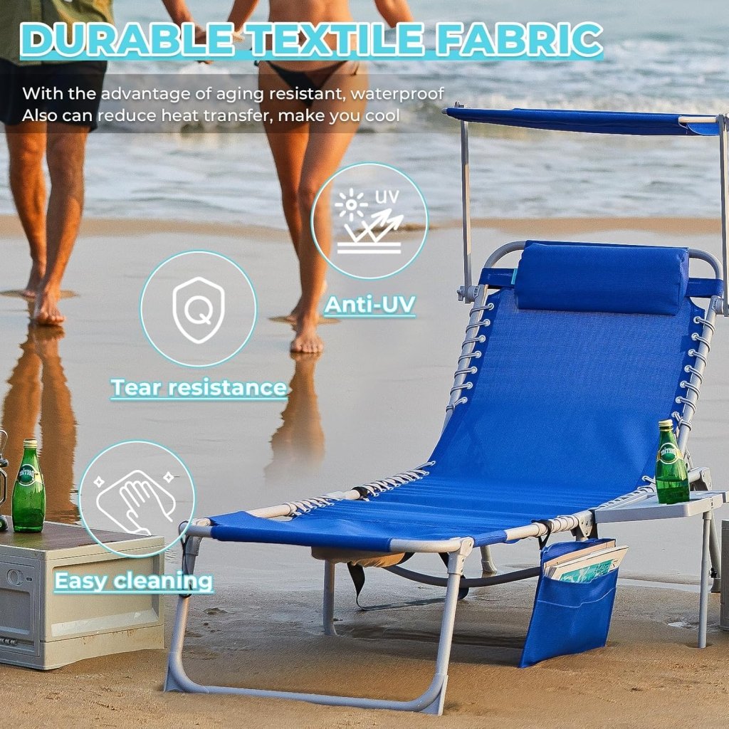 2 Pack Outdoor Chaise Lounge Chair - Portable Folding Patio Pool Lounge Chair, 5 Positions Adjustable Reclining Camping Chair with Side Table,Shoulder Strap, Pillow for Beach Sunbathing Lawn - Wigtrends