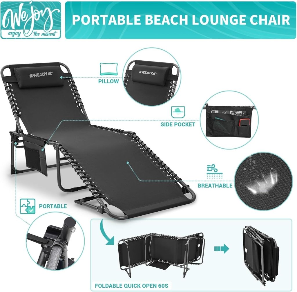 2 Pack Outdoor Chaise Lounge Chair - Portable Folding Patio Pool Lounge Chair, 5 Positions Adjustable Reclining Camping Chair with Side Table,Shoulder Strap, Pillow for Beach Sunbathing Lawn - Wigtrends