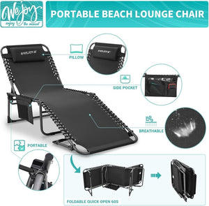 2 Pack Outdoor Chaise Lounge Chair - Portable Folding Patio Pool Lounge Chair, 5 Positions Adjustable Reclining Camping Chair with Side Table,Shoulder Strap, Pillow for Beach Sunbathing Lawn - Wigtrends