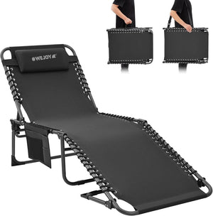 2 Pack Outdoor Chaise Lounge Chair - Portable Folding Patio Pool Lounge Chair, 5 Positions Adjustable Reclining Camping Chair with Side Table,Shoulder Strap, Pillow for Beach Sunbathing Lawn - Wigtrends
