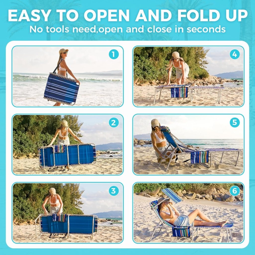2 Pack Outdoor Chaise Lounge Chair - Portable Folding Patio Pool Lounge Chair, 5 Positions Adjustable Reclining Camping Chair with Side Table,Shoulder Strap, Pillow for Beach Sunbathing Lawn - Wigtrends