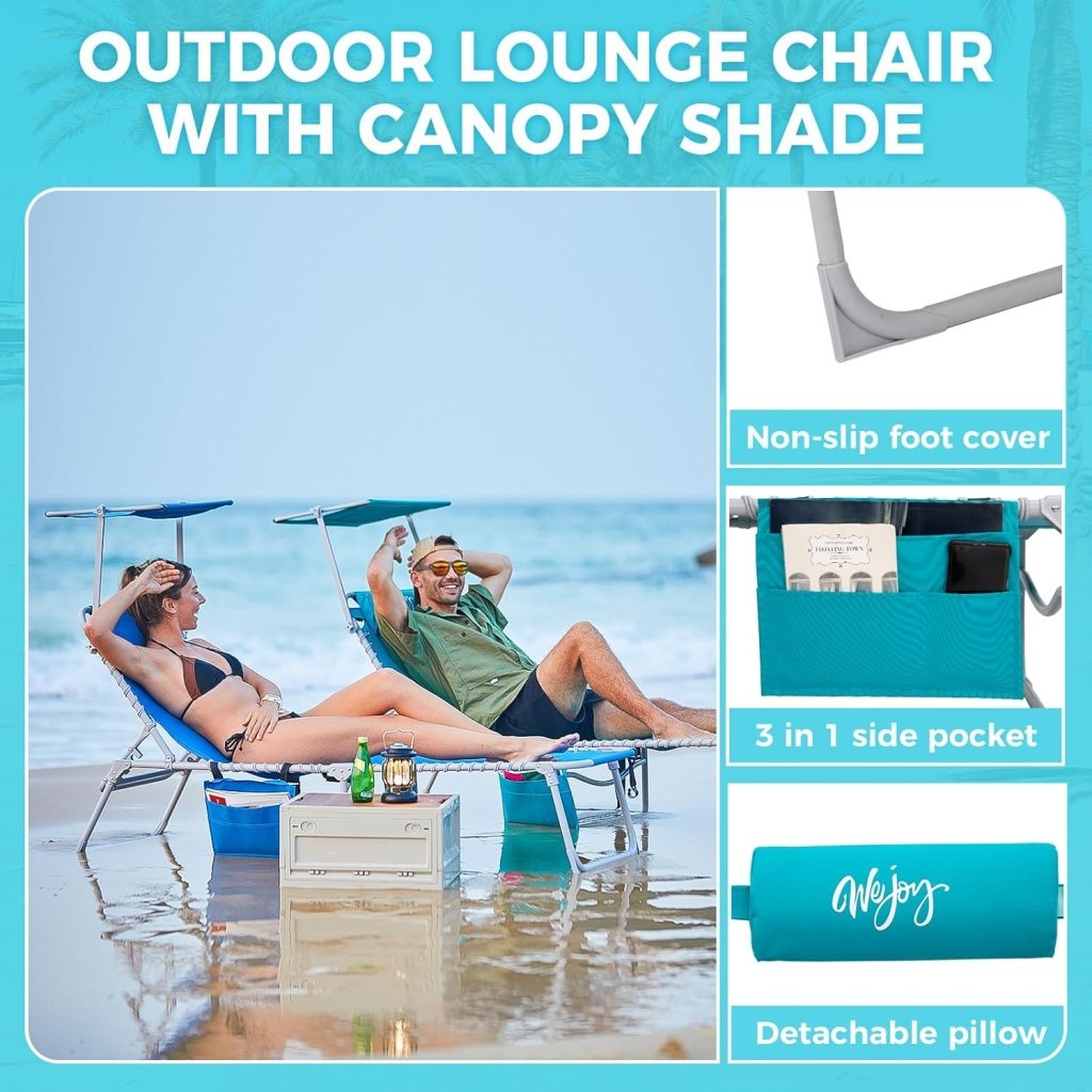 2 Pack Outdoor Chaise Lounge Chair - Portable Folding Patio Pool Lounge Chair, 5 Positions Adjustable Reclining Camping Chair with Side Table,Shoulder Strap, Pillow for Beach Sunbathing Lawn - Wigtrends