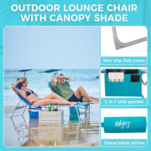 2 Pack Outdoor Chaise Lounge Chair - Portable Folding Patio Pool Lounge Chair, 5 Positions Adjustable Reclining Camping Chair with Side Table,Shoulder Strap, Pillow for Beach Sunbathing Lawn - Wigtrends
