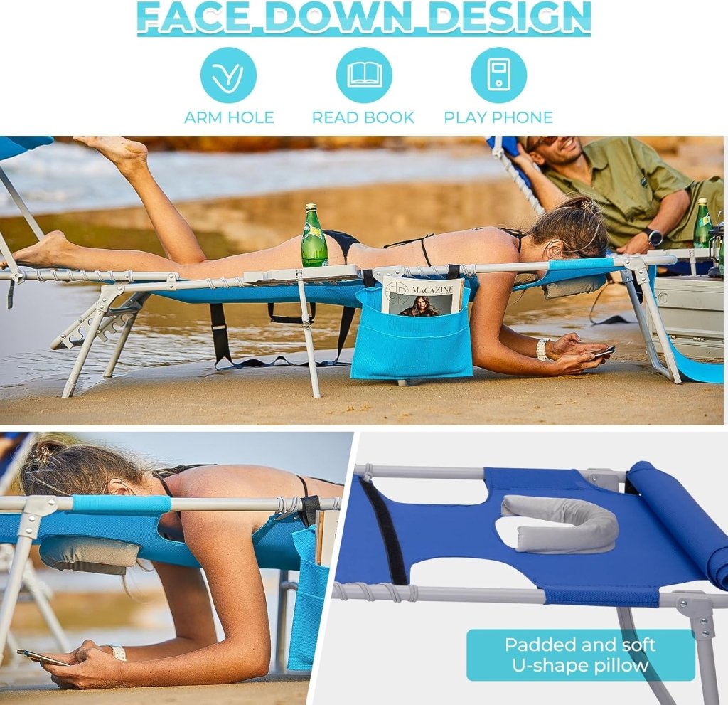 2 Pack Outdoor Chaise Lounge Chair - Portable Folding Patio Pool Lounge Chair, 5 Positions Adjustable Reclining Camping Chair with Side Table,Shoulder Strap, Pillow for Beach Sunbathing Lawn - Wigtrends