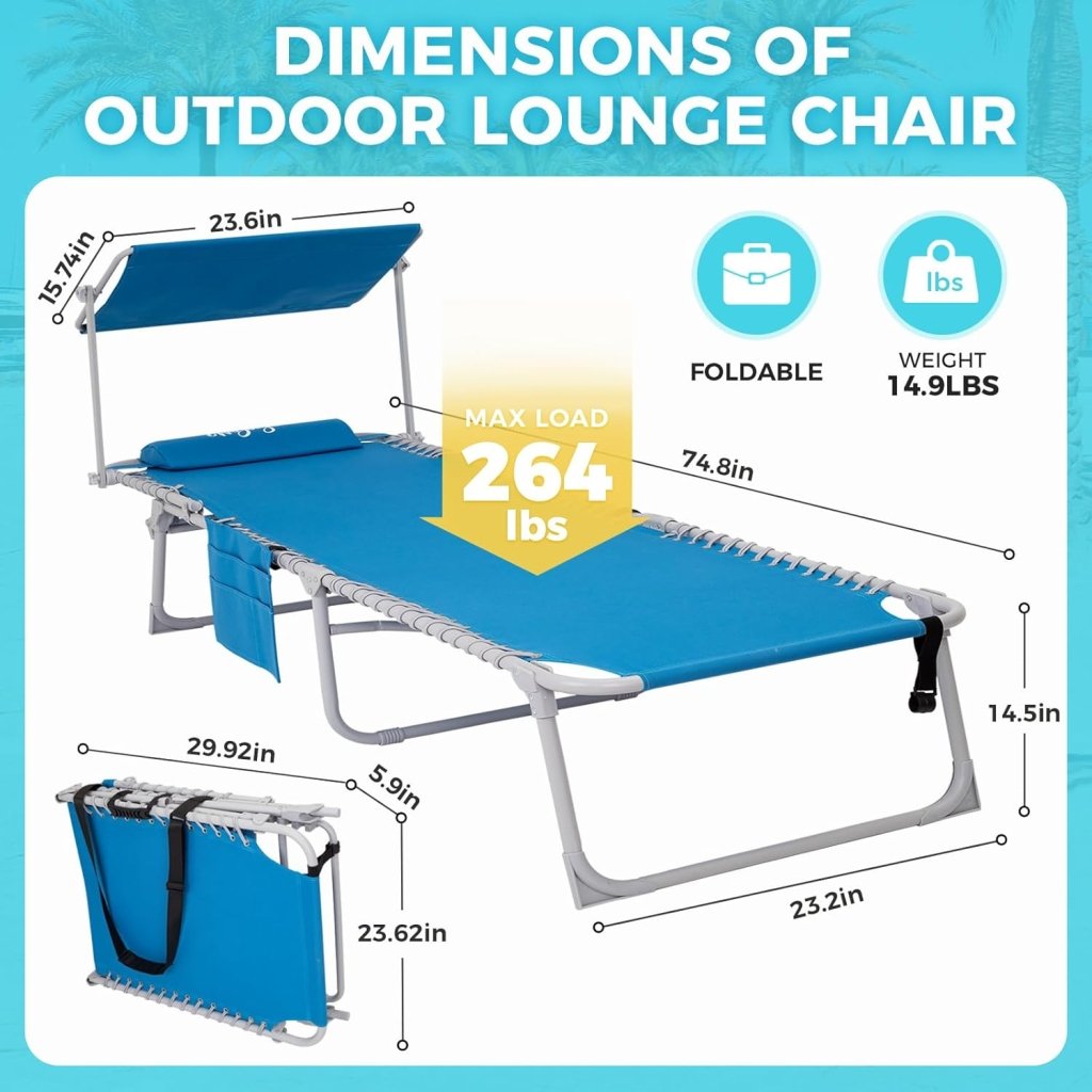 2 Pack Outdoor Chaise Lounge Chair - Portable Folding Patio Pool Lounge Chair, 5 Positions Adjustable Reclining Camping Chair with Side Table,Shoulder Strap, Pillow for Beach Sunbathing Lawn - Wigtrends