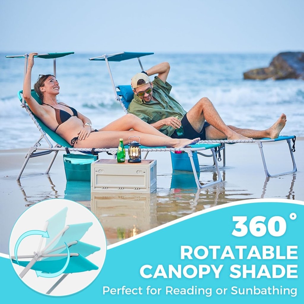 2 Pack Outdoor Chaise Lounge Chair - Portable Folding Patio Pool Lounge Chair, 5 Positions Adjustable Reclining Camping Chair with Side Table,Shoulder Strap, Pillow for Beach Sunbathing Lawn - Wigtrends