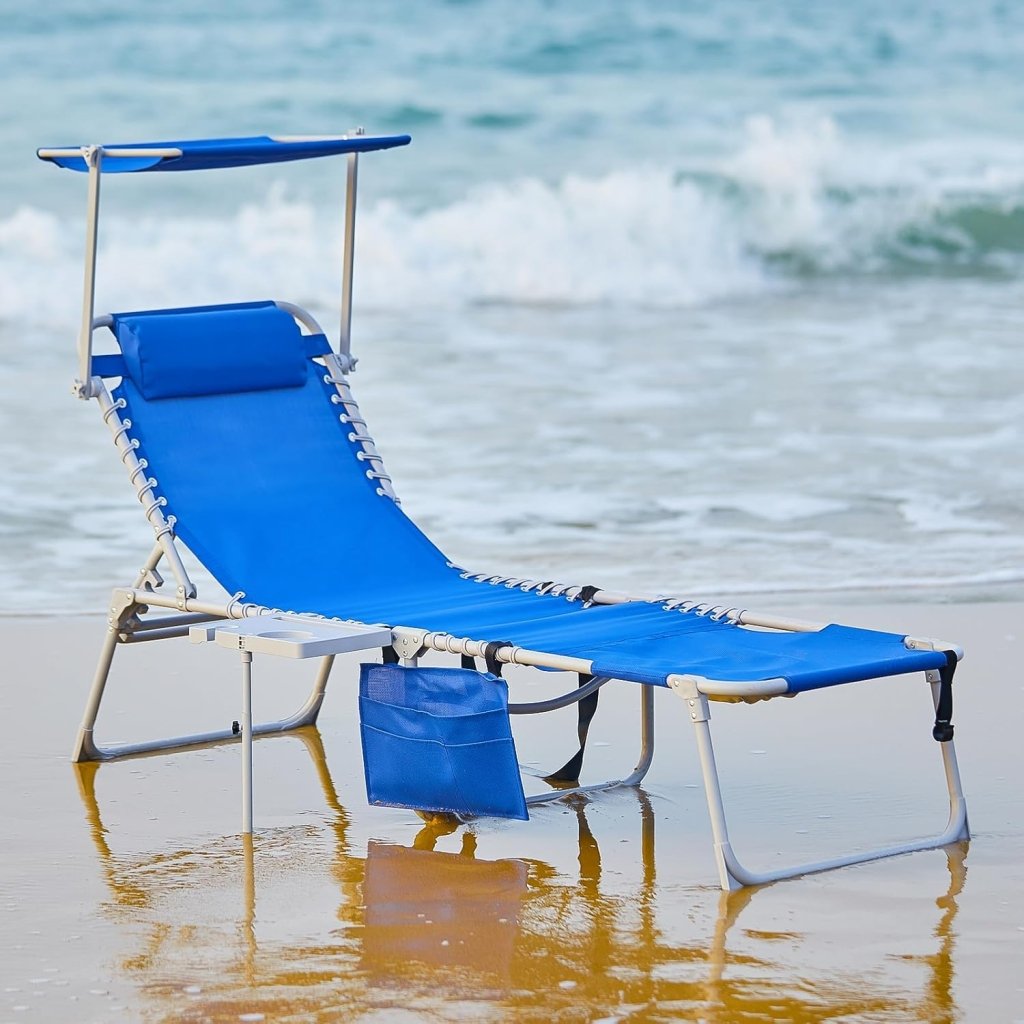 2 Pack Outdoor Chaise Lounge Chair - Portable Folding Patio Pool Lounge Chair, 5 Positions Adjustable Reclining Camping Chair with Side Table,Shoulder Strap, Pillow for Beach Sunbathing Lawn - Wigtrends