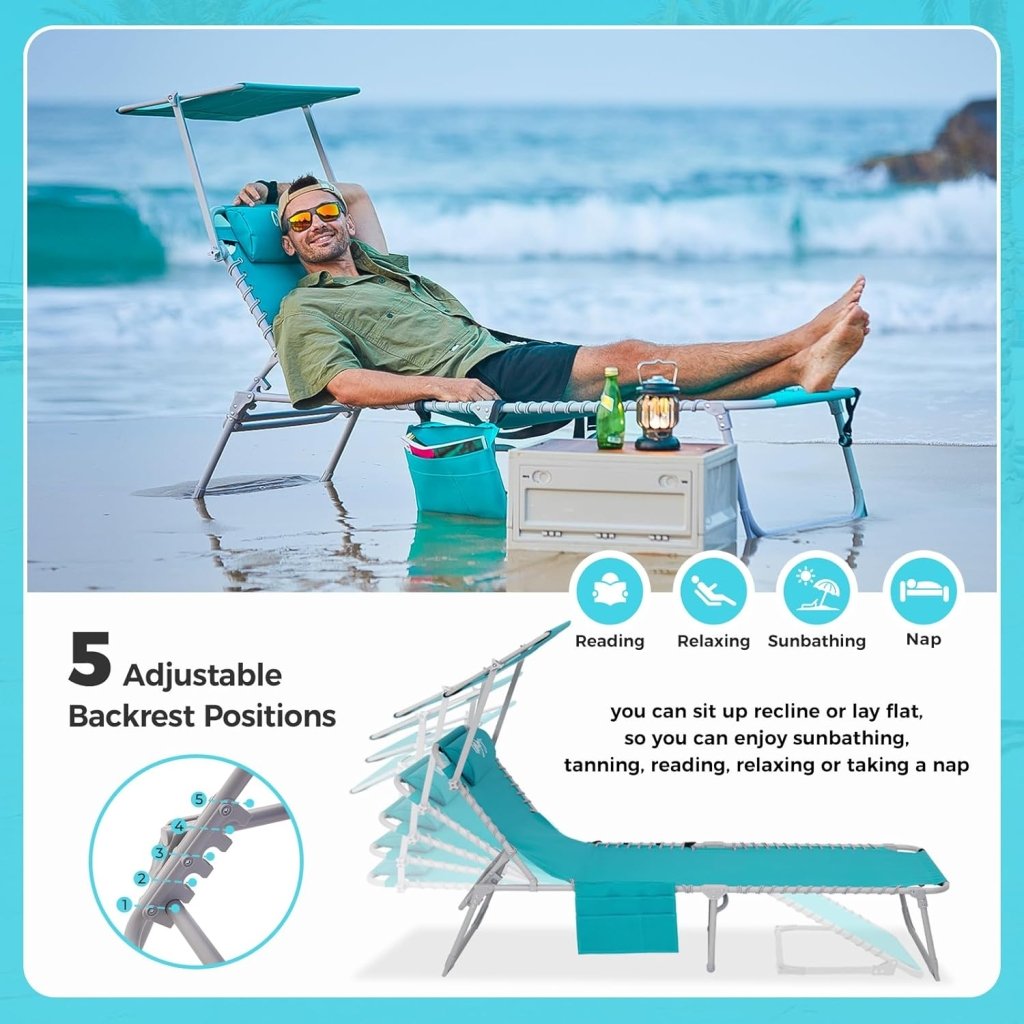 2 Pack Outdoor Chaise Lounge Chair - Portable Folding Patio Pool Lounge Chair, 5 Positions Adjustable Reclining Camping Chair with Side Table,Shoulder Strap, Pillow for Beach Sunbathing Lawn - Wigtrends