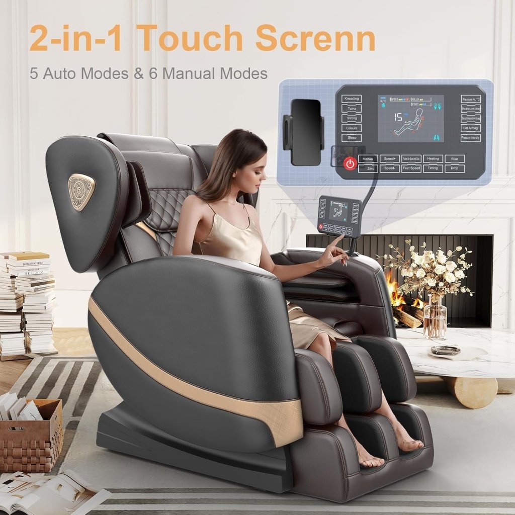 2025 Massage Chair Full Body, Zero Gravity Massage Chair with 10 Fix Rollers, Heating, Foot Massage, Auto Modes, Bluetooth Speaker, Touch Screen Controller (Black & Brown) - Wigtrends