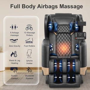 2025 Massage Chair Full Body, Zero Gravity Massage Chair with 10 Fix Rollers, Heating, Foot Massage, Auto Modes, Bluetooth Speaker, Touch Screen Controller (Black & Brown) - Wigtrends