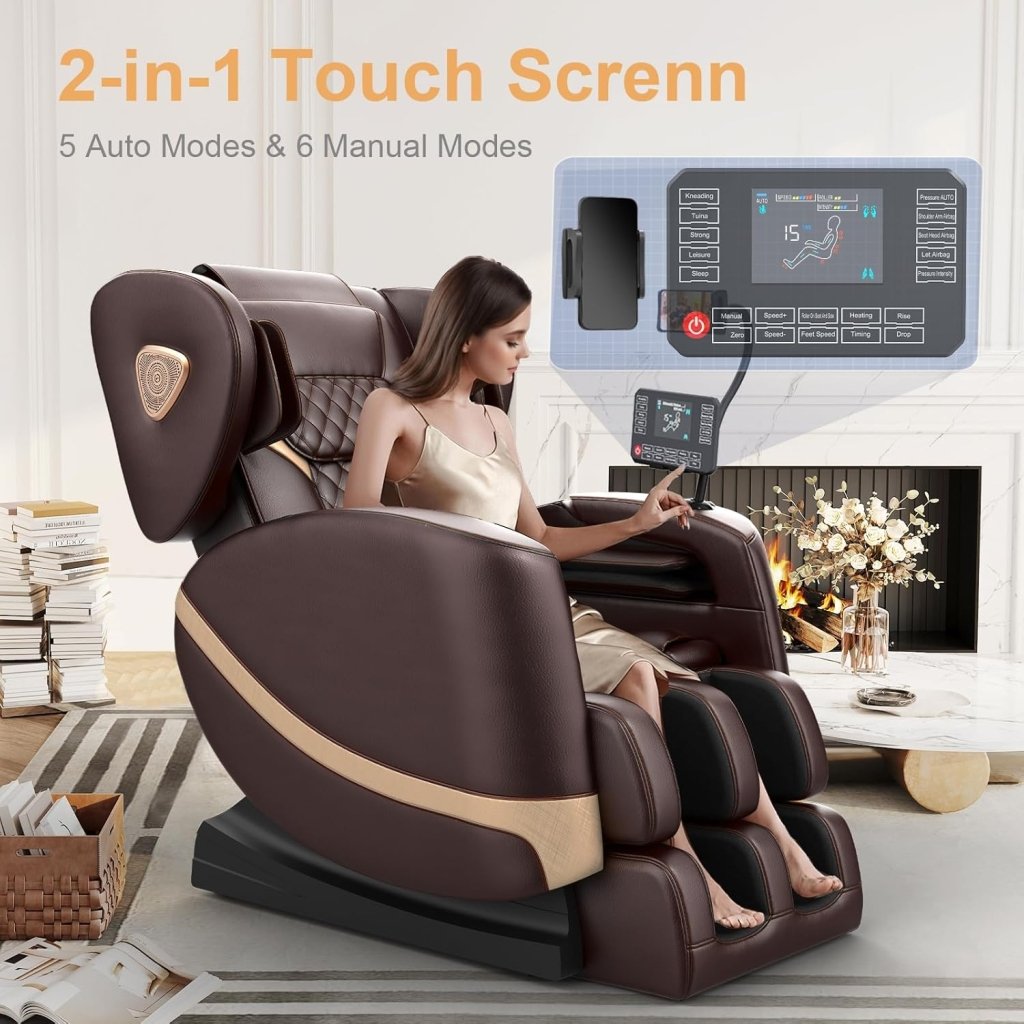 2025 Massage Chair Full Body, Zero Gravity Massage Chair with 10 Fix Rollers, Heating, Foot Massage, Auto Modes, Bluetooth Speaker, Touch Screen Controller (Black & Brown) - Wigtrends