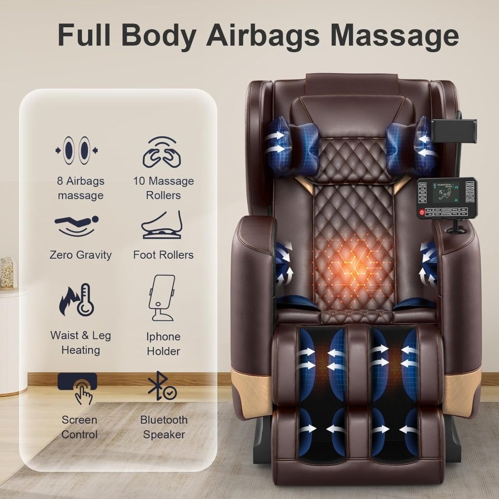 2025 Massage Chair Full Body, Zero Gravity Massage Chair with 10 Fix Rollers, Heating, Foot Massage, Auto Modes, Bluetooth Speaker, Touch Screen Controller (Black & Brown) - Wigtrends