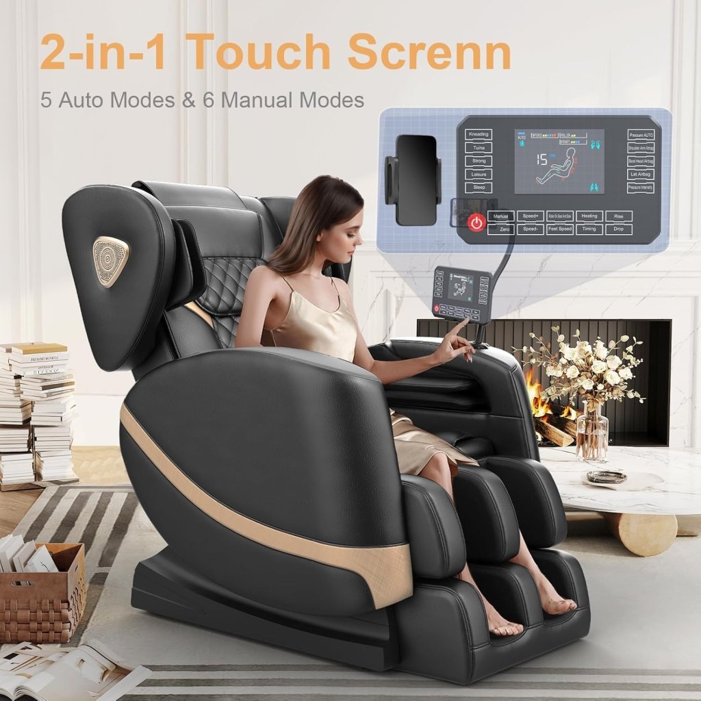 2025 Massage Chair Full Body, Zero Gravity Massage Chair with 10 Fix Rollers, Heating, Foot Massage, Auto Modes, Bluetooth Speaker, Touch Screen Controller (Black & Brown) - Wigtrends