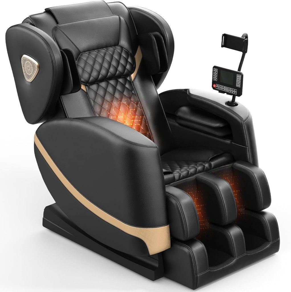 2025 Massage Chair Full Body, Zero Gravity Massage Chair with 10 Fix Rollers, Heating, Foot Massage, Auto Modes, Bluetooth Speaker, Touch Screen Controller (Black & Brown) - Wigtrends