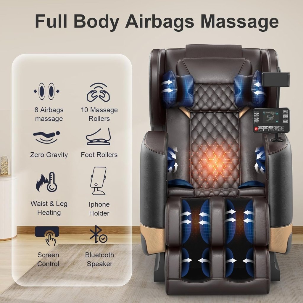 2025 Massage Chair Full Body, Zero Gravity Massage Chair with 10 Fix Rollers, Heating, Foot Massage, Auto Modes, Bluetooth Speaker, Touch Screen Controller (Black & Brown) - Wigtrends