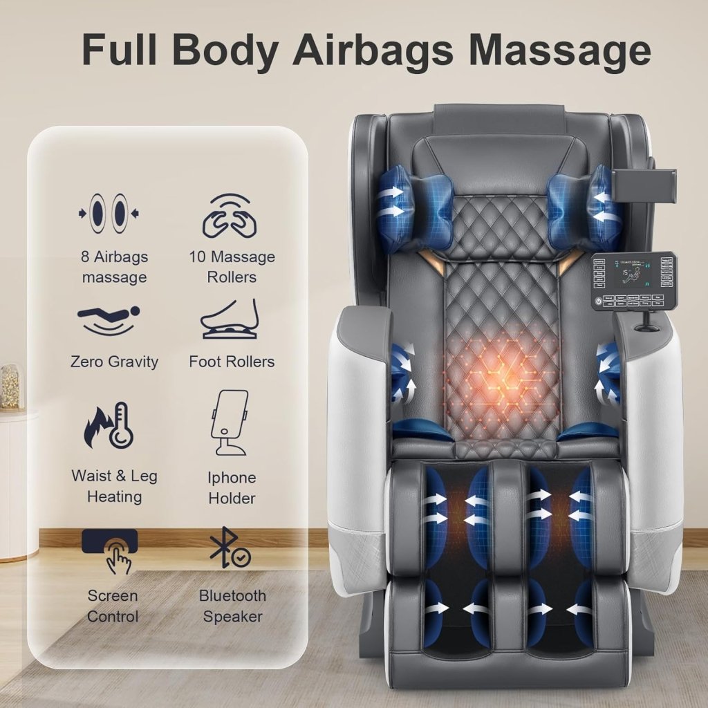 2025 Massage Chair Full Body, Zero Gravity Massage Chair with 10 Fix Rollers, Heating, Foot Massage, Auto Modes, Bluetooth Speaker, Touch Screen Controller (Black & Brown) - Wigtrends