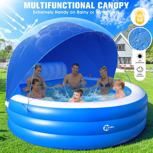 2025 Upgraded Inflatable Pool with Canopy, Inflatable Family Lounge Pool, Round Blow Up Pool for Adult with Bench & Backrest, Swim Center Easy Backyard Pools for Kids & Adults, 92"x92"x26", Blue - Wigtrends