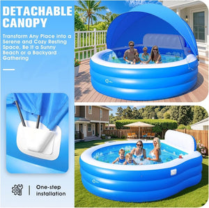 2025 Upgraded Inflatable Pool with Canopy, Inflatable Family Lounge Pool, Round Blow Up Pool for Adult with Bench & Backrest, Swim Center Easy Backyard Pools for Kids & Adults, 92"x92"x26", Blue - Wigtrends