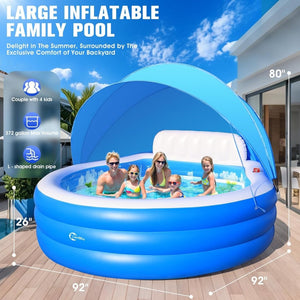 2025 Upgraded Inflatable Pool with Canopy, Inflatable Family Lounge Pool, Round Blow Up Pool for Adult with Bench & Backrest, Swim Center Easy Backyard Pools for Kids & Adults, 92"x92"x26", Blue - Wigtrends