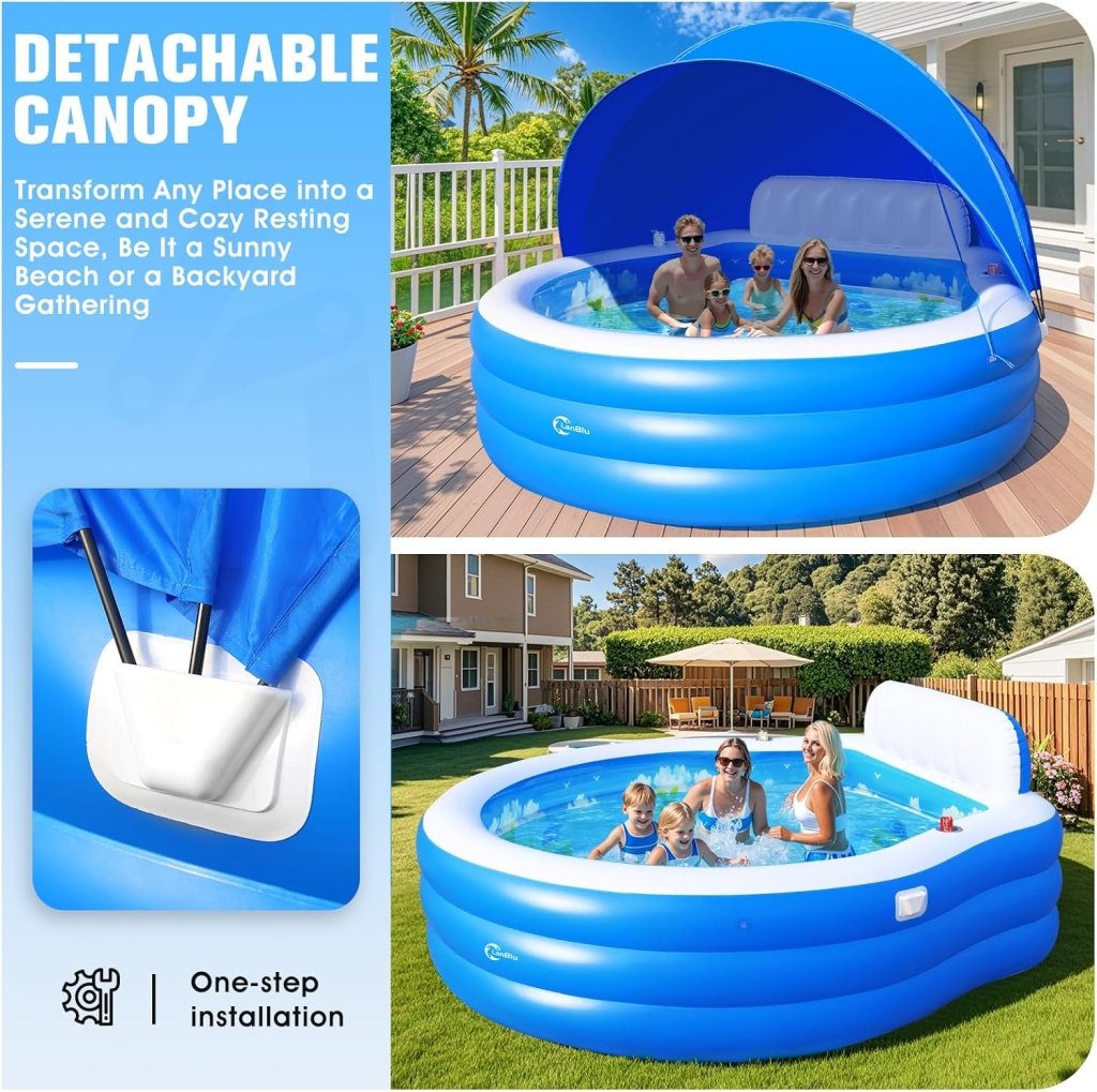2025 Upgraded Inflatable Pool with Canopy, Inflatable Family Lounge Pool, Round Blow Up Pool for Adult with Bench & Backrest, Swim Center Easy Backyard Pools for Kids & Adults, 92"x92"x26", Blue - Wigtrends