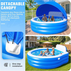 2025 Upgraded Inflatable Pool with Canopy, Inflatable Family Lounge Pool, Round Blow Up Pool for Adult with Bench & Backrest, Swim Center Easy Backyard Pools for Kids & Adults, 92"x92"x26", Blue - Wigtrends