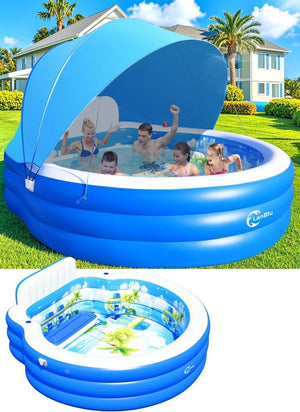 2025 Upgraded Inflatable Pool with Canopy, Inflatable Family Lounge Pool, Round Blow Up Pool for Adult with Bench & Backrest, Swim Center Easy Backyard Pools for Kids & Adults, 92"x92"x26", Blue - Wigtrends