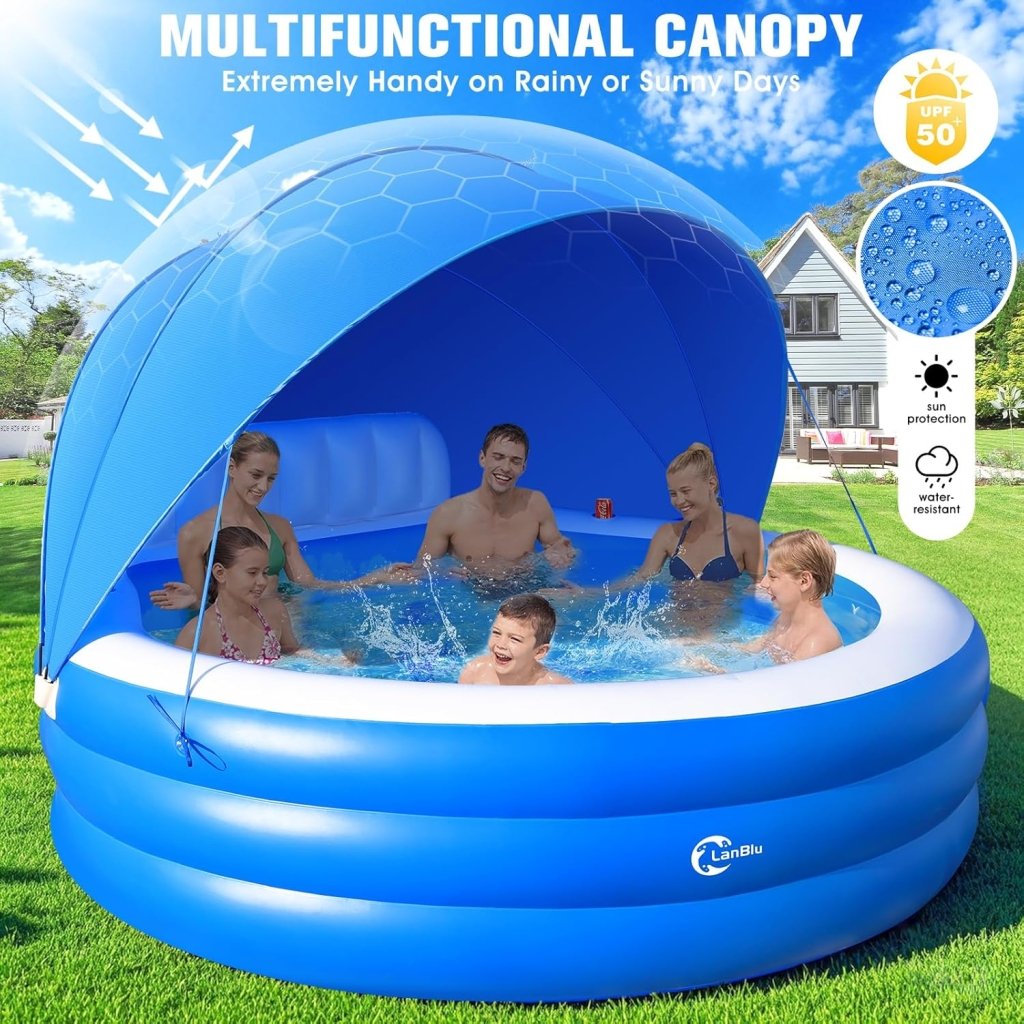 2025 Upgraded Inflatable Pool with Canopy, Inflatable Family Lounge Pool, Round Blow Up Pool for Adult with Bench & Backrest, Swim Center Easy Backyard Pools for Kids & Adults, 92"x92"x26", Blue - Wigtrends