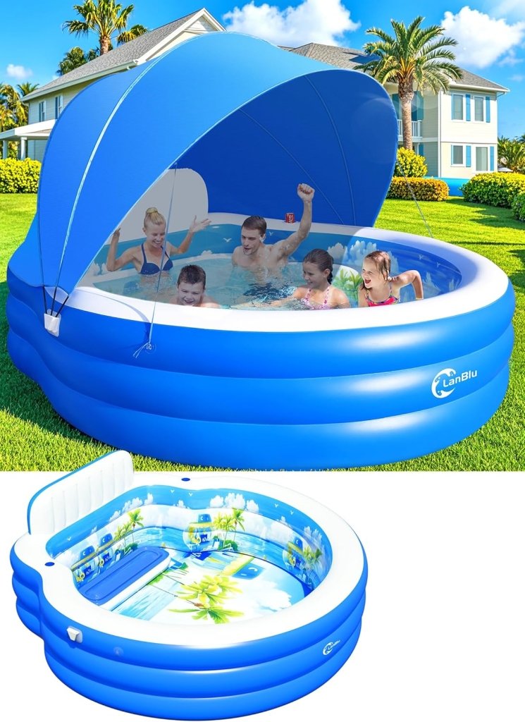2025 Upgraded Inflatable Pool with Canopy, Inflatable Family Lounge Pool, Round Blow Up Pool for Adult with Bench & Backrest, Swim Center Easy Backyard Pools for Kids & Adults, 92"x92"x26", Blue - Wigtrends