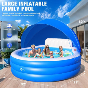 2025 Upgraded Inflatable Pool with Canopy, Inflatable Family Lounge Pool, Round Blow Up Pool for Adult with Bench & Backrest, Swim Center Easy Backyard Pools for Kids & Adults, 92"x92"x26", Blue - Wigtrends