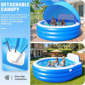 2025 Upgraded Inflatable Pool with Canopy, Inflatable Family Lounge Pool, Round Blow Up Pool for Adult with Bench & Backrest, Swim Center Easy Backyard Pools for Kids & Adults, 92"x92"x26", Blue - Wigtrends