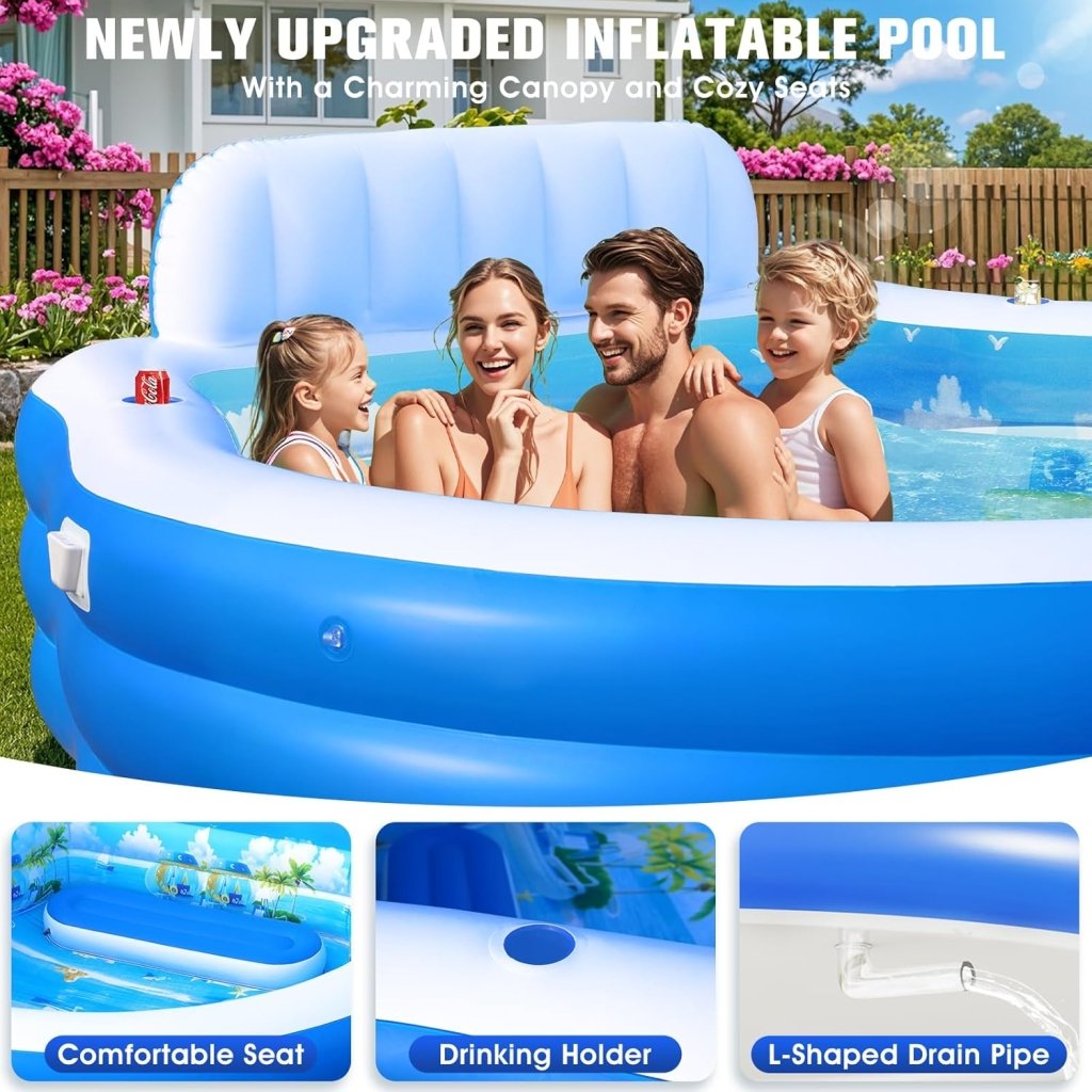 2025 Upgraded Inflatable Pool with Canopy, Inflatable Family Lounge Pool, Round Blow Up Pool for Adult with Bench & Backrest, Swim Center Easy Backyard Pools for Kids & Adults, 92"x92"x26", Blue - Wigtrends