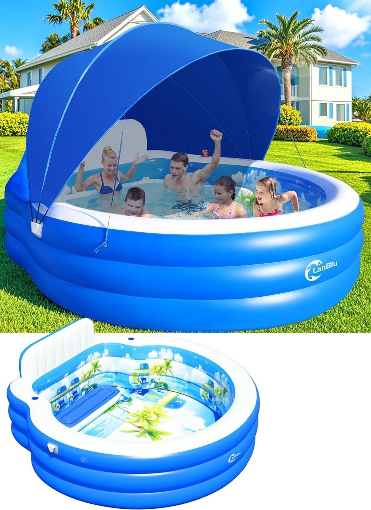 2025 Upgraded Inflatable Pool with Canopy, Inflatable Family Lounge Pool, Round Blow Up Pool for Adult with Bench & Backrest, Swim Center Easy Backyard Pools for Kids & Adults, 92"x92"x26", Blue - Wigtrends