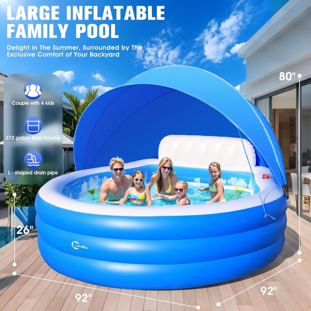 2025 Upgraded Inflatable Pool with Canopy, Inflatable Family Lounge Pool, Round Blow Up Pool for Adult with Bench & Backrest, Swim Center Easy Backyard Pools for Kids & Adults, 92"x92"x26", Blue - Wigtrends