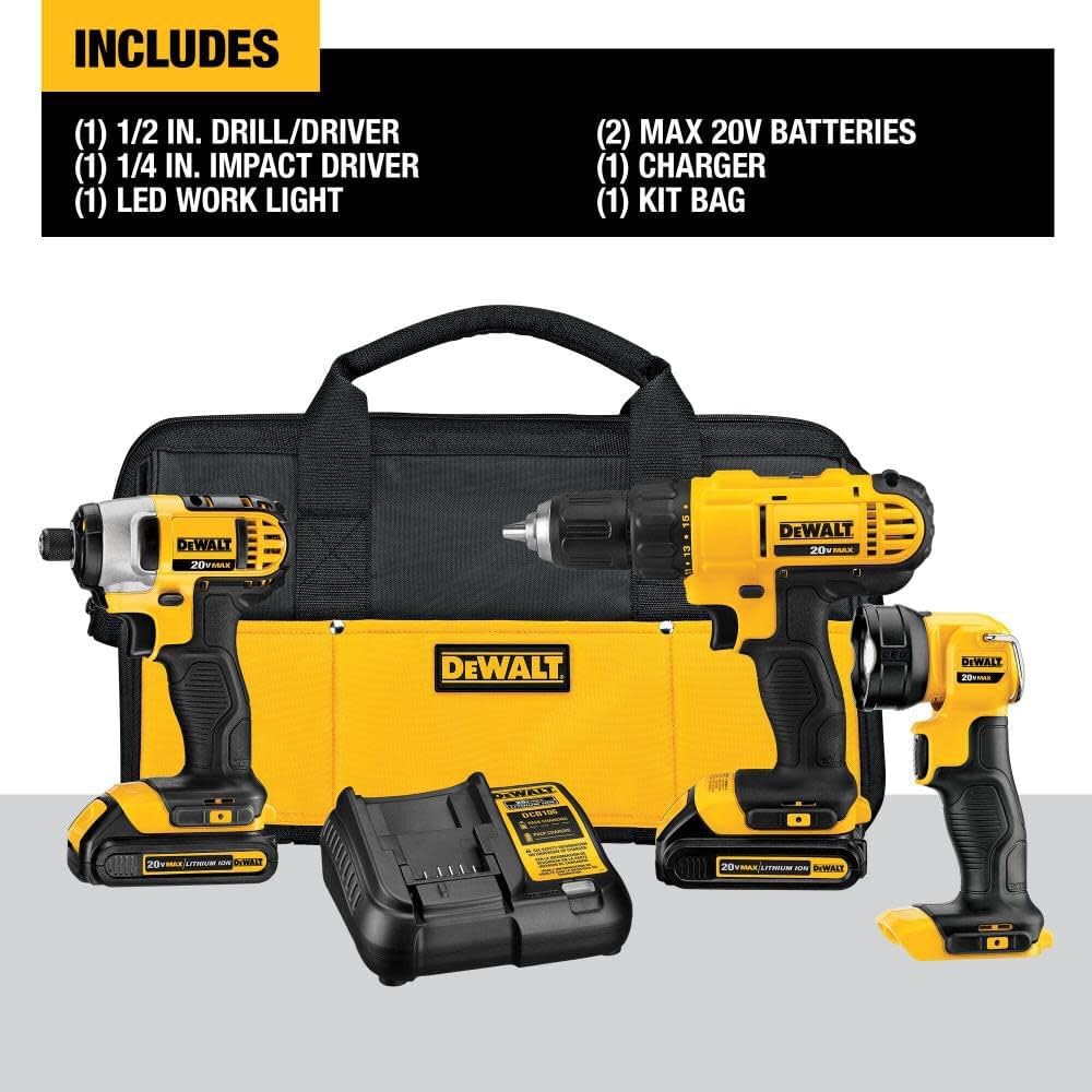 20V MAX Cordless Drill Impact Driver and LED Work Light Portable, Power Tool Combo Kit 3 Tool, 2 Batteries and Charger Included (DCK340C2) - Wigtrends