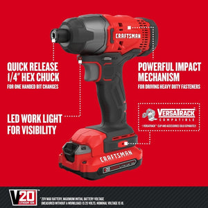 20V MAX Impact Driver Kit, 1/4 Inch, 2,800 RPM, LED Work light, Battery and Charger Included (CMCF800C1) - Wigtrends