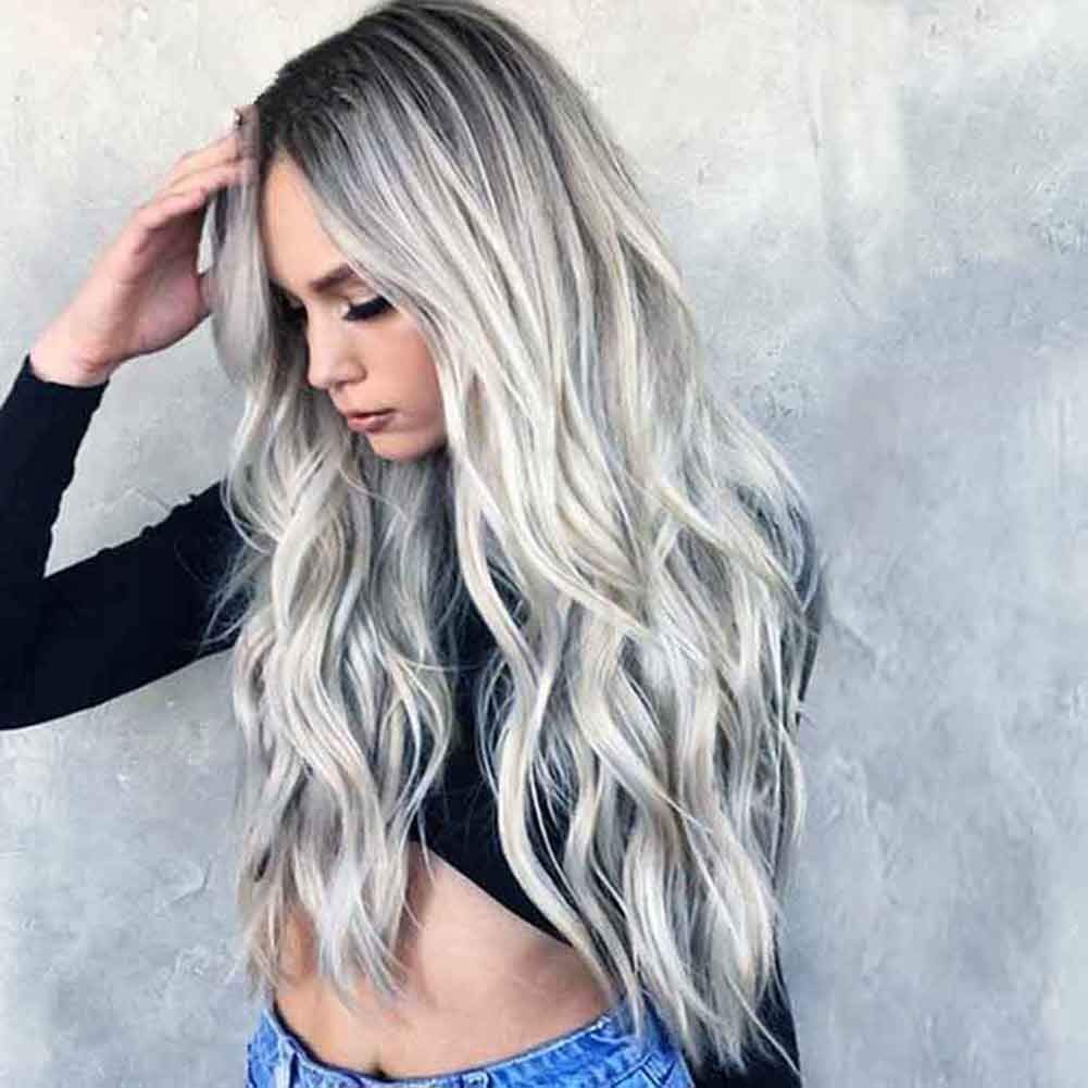 23" Natural Full Wigs Hair Long Wavy Wig Synthetic Heat Resistant (Ombre Silver) - Wigtrends