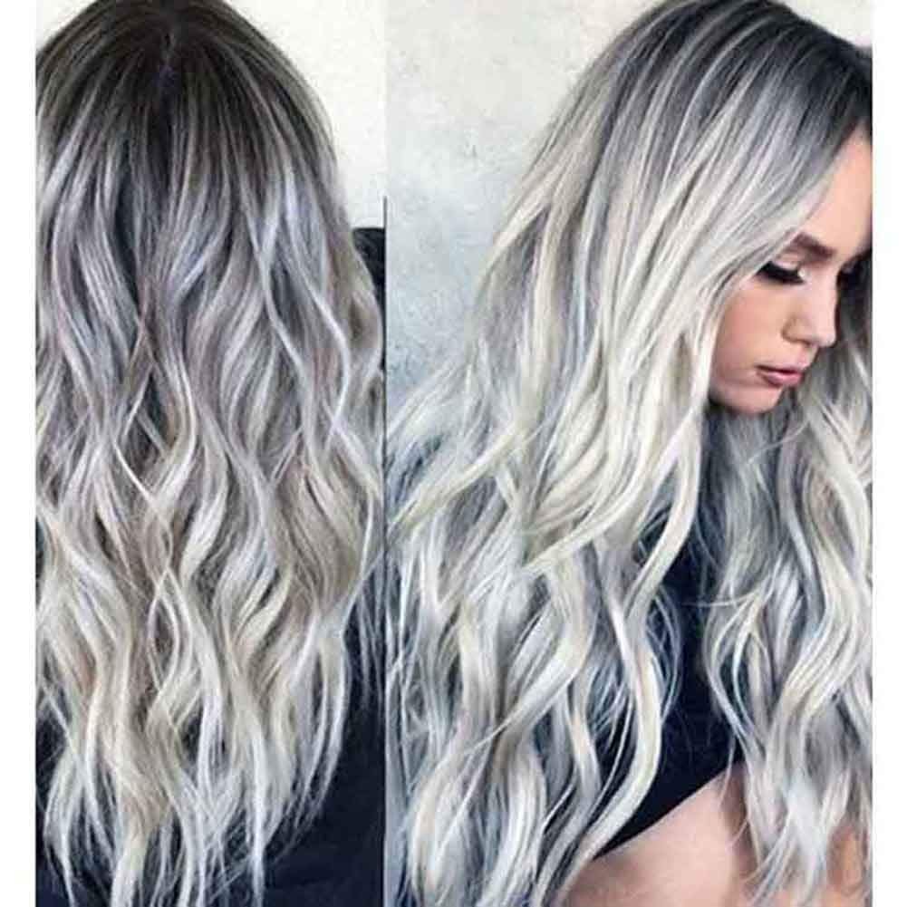 23" Natural Full Wigs Hair Long Wavy Wig Synthetic Heat Resistant (Ombre Silver) - Wigtrends