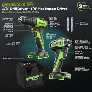 24V Brushless Cordless Drill and Impact Driver,Power Tool Combo Kit Included 1/2”Drill & 1/4”Hex Impact Driver and (2) Batteries, Fast Charger, 2 pcs Drill Bit Set & Bag - Wigtrends