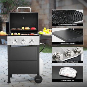 3 Burner BBQ Propane Gas Grill, Stainless Steel 30,000 BTU Patio Garden Barbecue Grill with Two Foldable Shelves - Wigtrends
