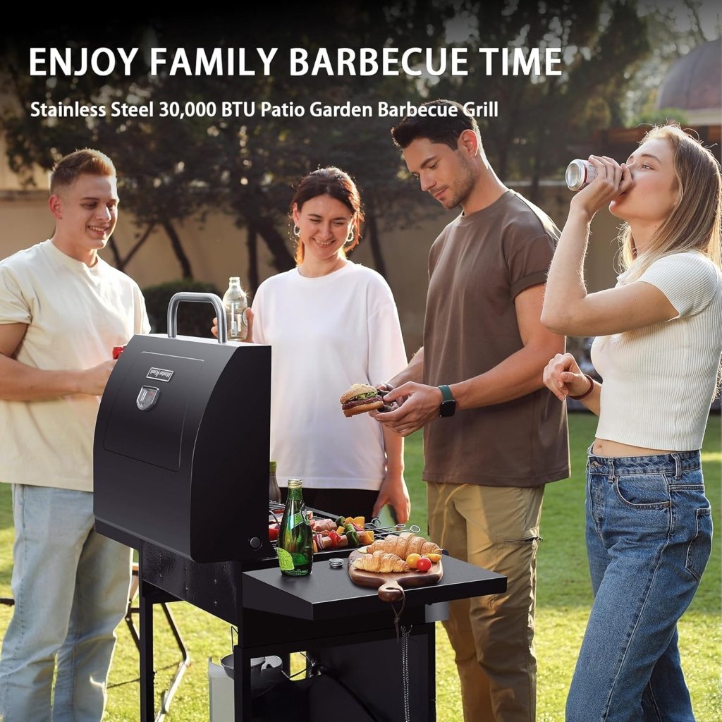 3 Burner BBQ Propane Gas Grill, Stainless Steel 30,000 BTU Patio Garden Barbecue Grill with Two Foldable Shelves - Wigtrends