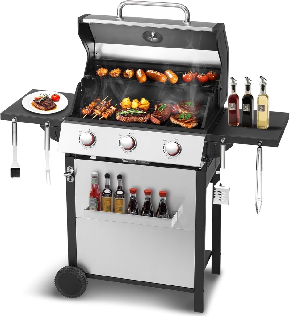3 - Burner Propane Gas Grill with 30,000 BTU Output - Double - layer Stainless Steel Grill Lid, Cast Iron Cooking Grids, Easy - Clean Grease Management & Even Heat Distribution for Perfect BBQs - Wigtrends