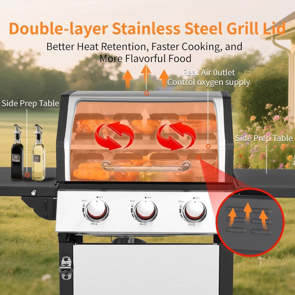 3 - Burner Propane Gas Grill with 30,000 BTU Output - Double - layer Stainless Steel Grill Lid, Cast Iron Cooking Grids, Easy - Clean Grease Management & Even Heat Distribution for Perfect BBQs - Wigtrends