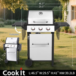 3 - Burner Propane Gas Grill with 30,000 BTU Output - Double - layer Stainless Steel Grill Lid, Cast Iron Cooking Grids, Easy - Clean Grease Management & Even Heat Distribution for Perfect BBQs - Wigtrends