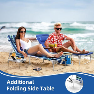 3 - in - 1 Beach Chair Face Holes Lounge Chair Outdoor with Folding Side Table 5 - Position Recliner, Lay Flat Removable Pillow Heavy Duty, Max 330lbs, Poolside, Patio, Camping Backyard Striped Blue - Wigtrends