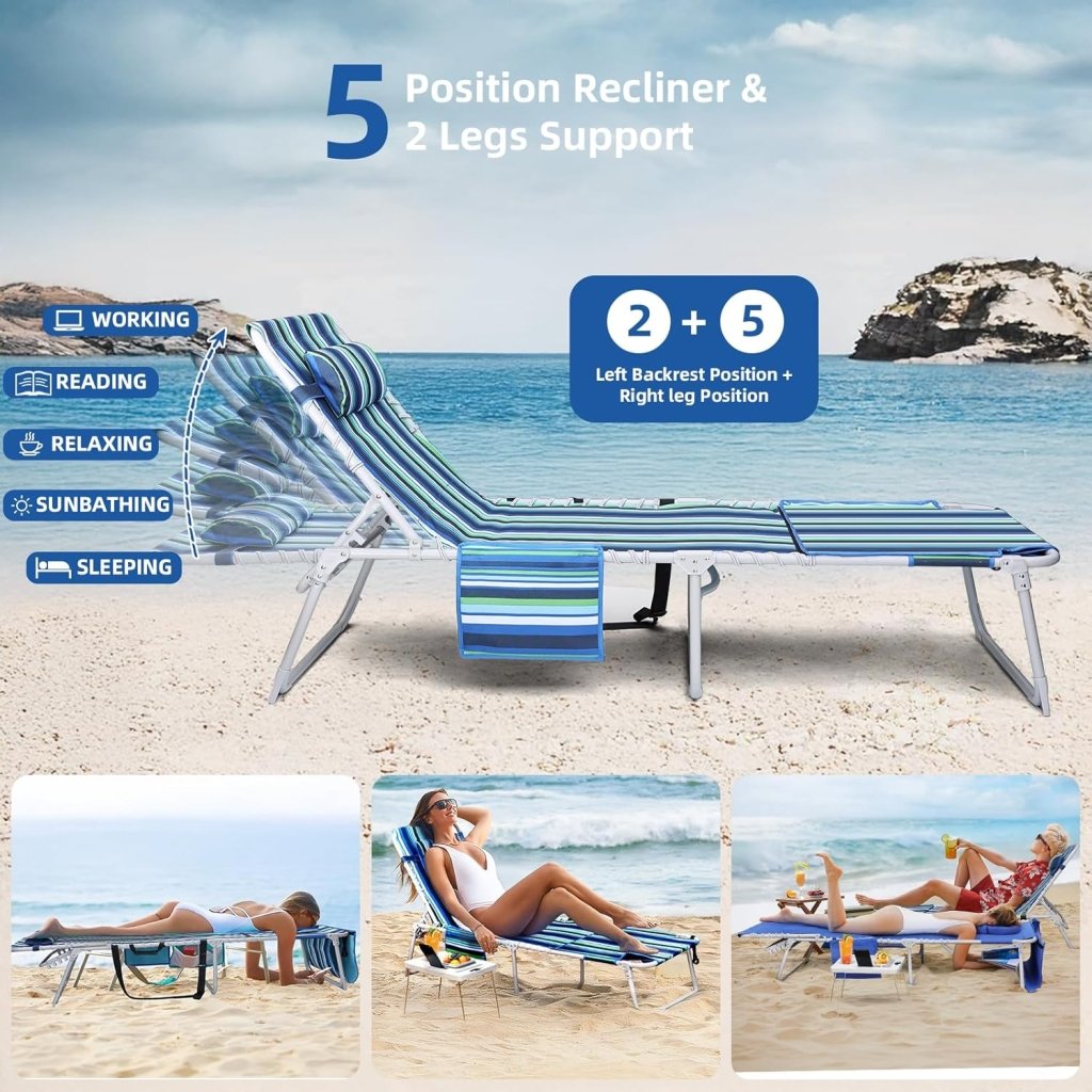 3 - in - 1 Beach Chair Face Holes Lounge Chair Outdoor with Folding Side Table 5 - Position Recliner, Lay Flat Removable Pillow Heavy Duty, Max 330lbs, Poolside, Patio, Camping Backyard Striped Blue - Wigtrends