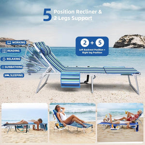 3 - in - 1 Beach Chair Face Holes Lounge Chair Outdoor with Folding Side Table 5 - Position Recliner, Lay Flat Removable Pillow Heavy Duty, Max 330lbs, Poolside, Patio, Camping Backyard Striped Blue - Wigtrends