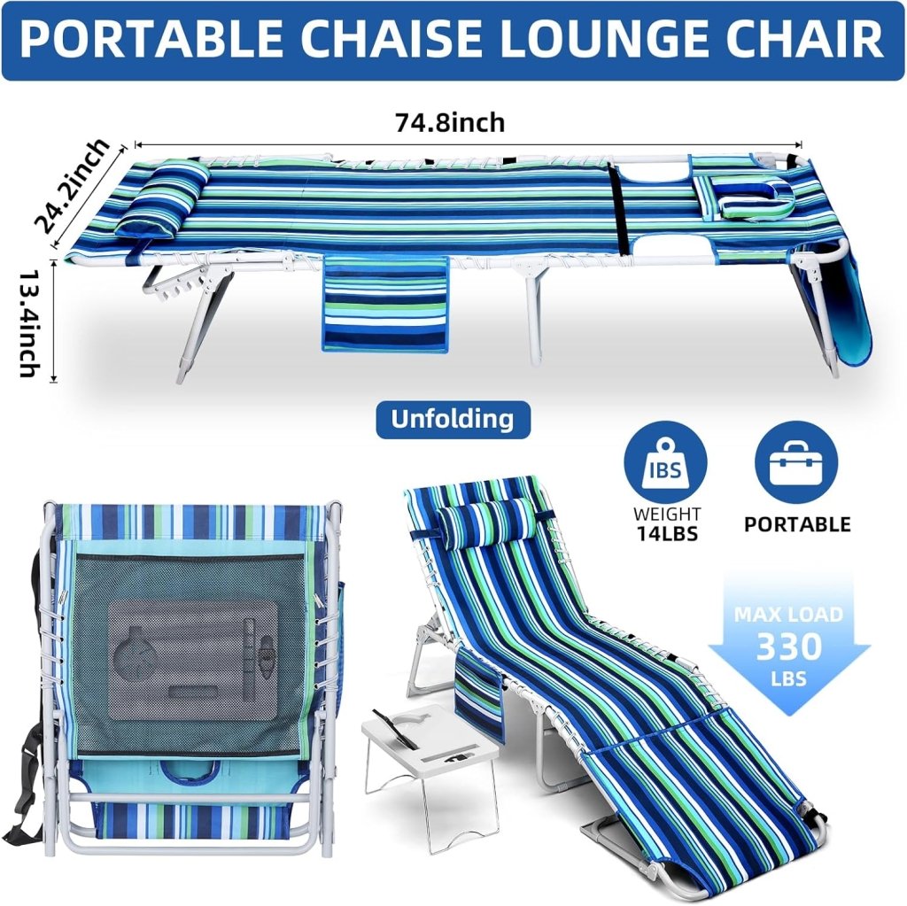 3 - in - 1 Beach Chair Face Holes Lounge Chair Outdoor with Folding Side Table 5 - Position Recliner, Lay Flat Removable Pillow Heavy Duty, Max 330lbs, Poolside, Patio, Camping Backyard Striped Blue - Wigtrends