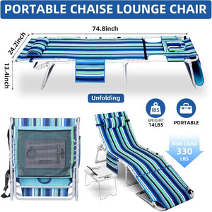 3 - in - 1 Beach Chair Face Holes Lounge Chair Outdoor with Folding Side Table 5 - Position Recliner, Lay Flat Removable Pillow Heavy Duty, Max 330lbs, Poolside, Patio, Camping Backyard Striped Blue - Wigtrends