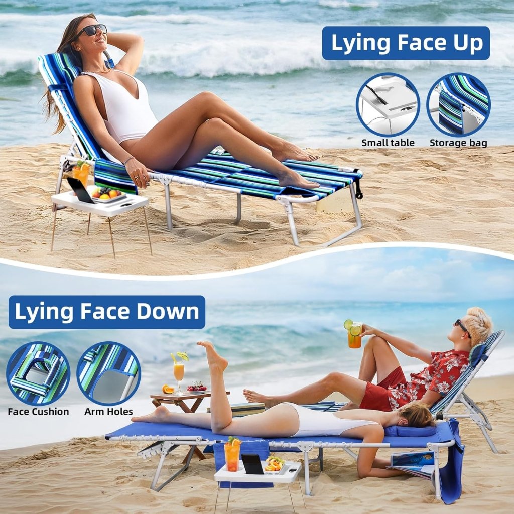 3 - in - 1 Beach Chair Face Holes Lounge Chair Outdoor with Folding Side Table 5 - Position Recliner, Lay Flat Removable Pillow Heavy Duty, Max 330lbs, Poolside, Patio, Camping Backyard Striped Blue - Wigtrends