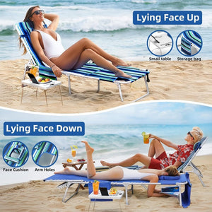 3 - in - 1 Beach Chair Face Holes Lounge Chair Outdoor with Folding Side Table 5 - Position Recliner, Lay Flat Removable Pillow Heavy Duty, Max 330lbs, Poolside, Patio, Camping Backyard Striped Blue - Wigtrends